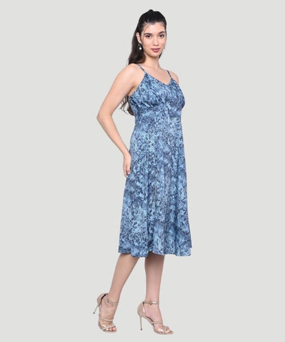 Women's Blue Abstract Print Regular Fit A-line Midi Dress